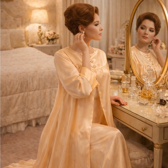 Rare Peach Buttery Soft Hostess Robe Crystal Buttons 1960s Saks 5th Ave Satin - Picture 2 of 9